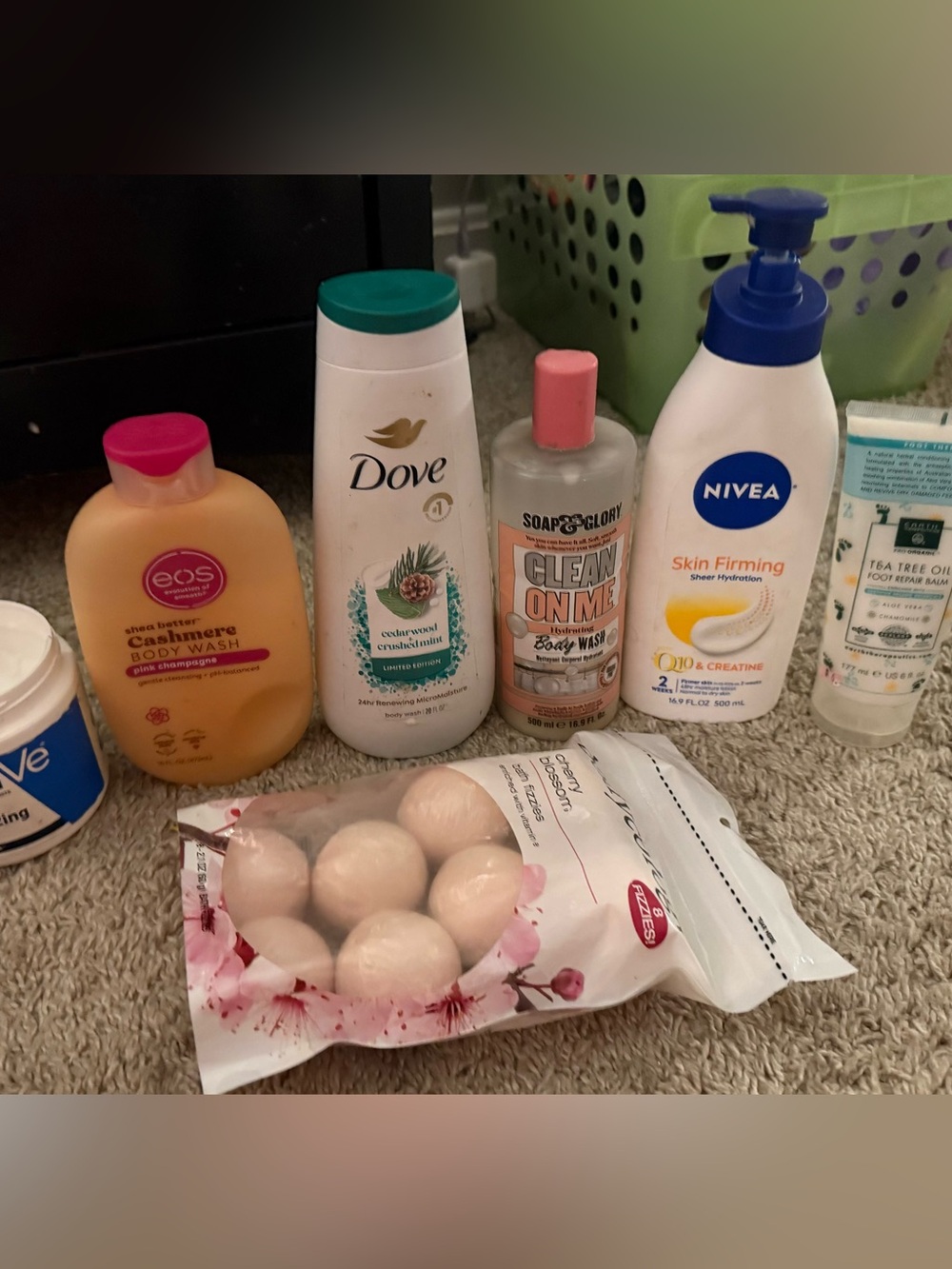 Body wash, lotion and cherry blossom bath fuzzies. See video please’